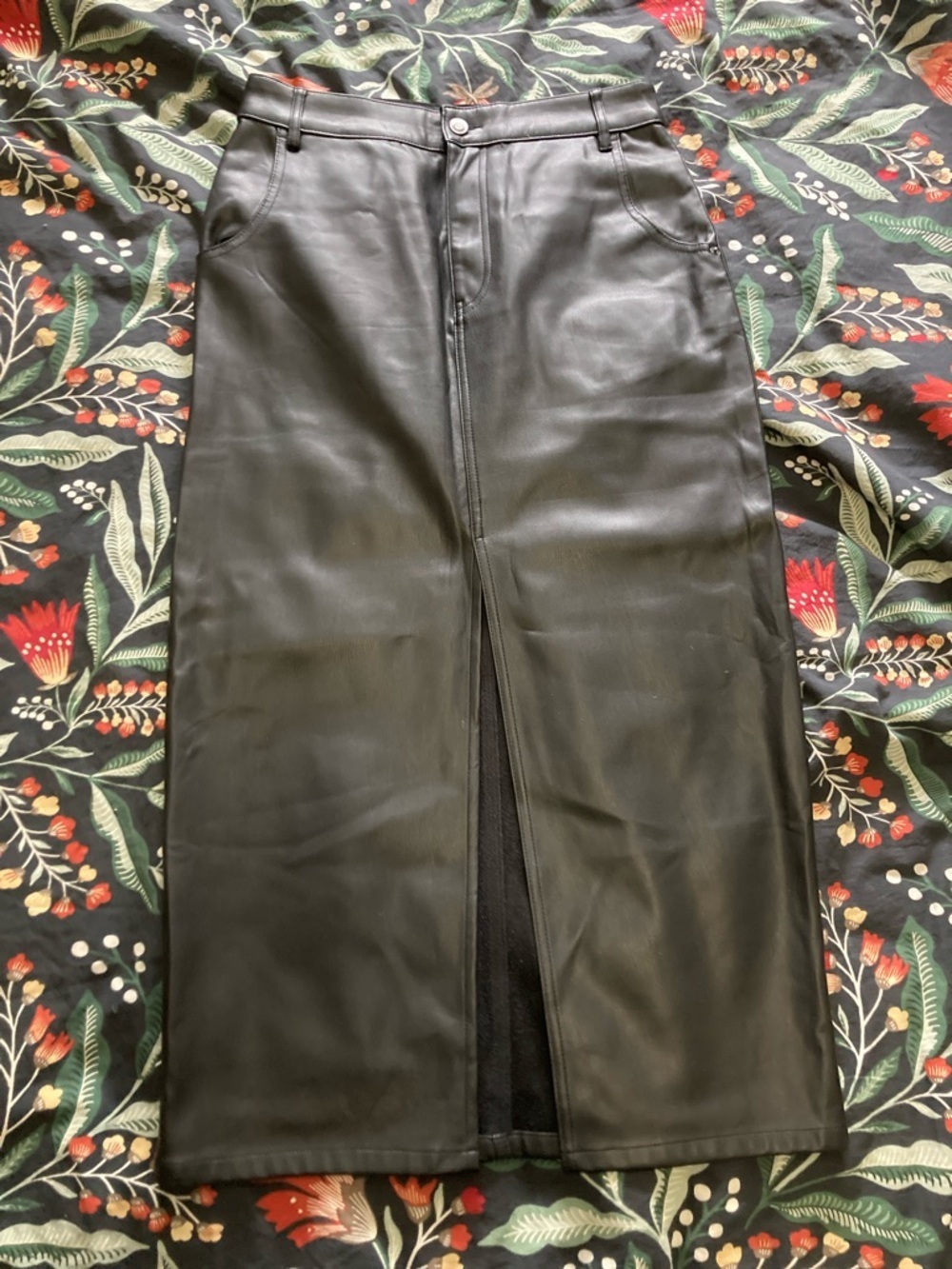 Zara Black Faux Leather Midi Skirt with Front Slit